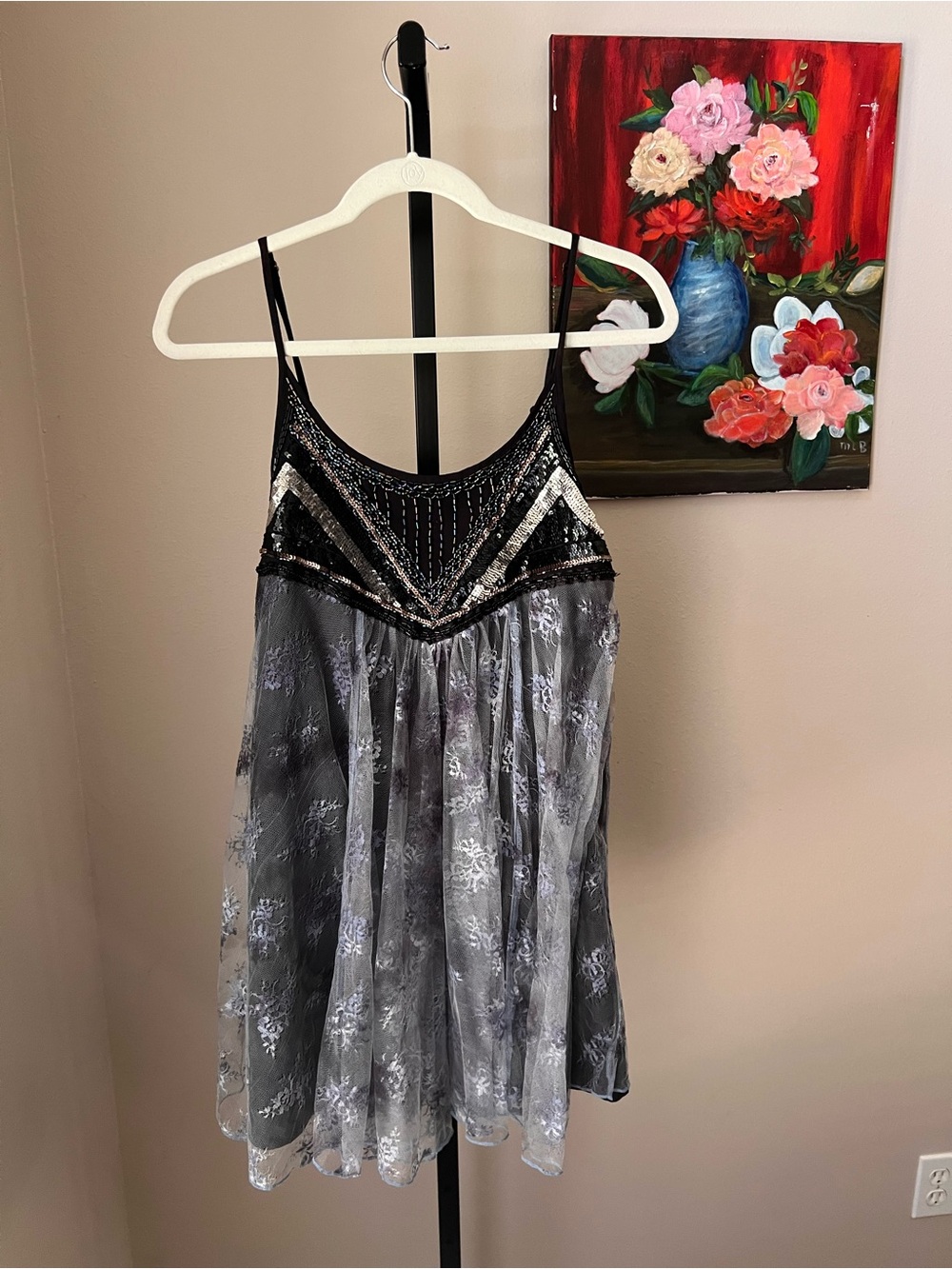 Ecoté urban outfitters Black Sequin Bodice Floral Mesh Slip Dress - Picture 2 of 8